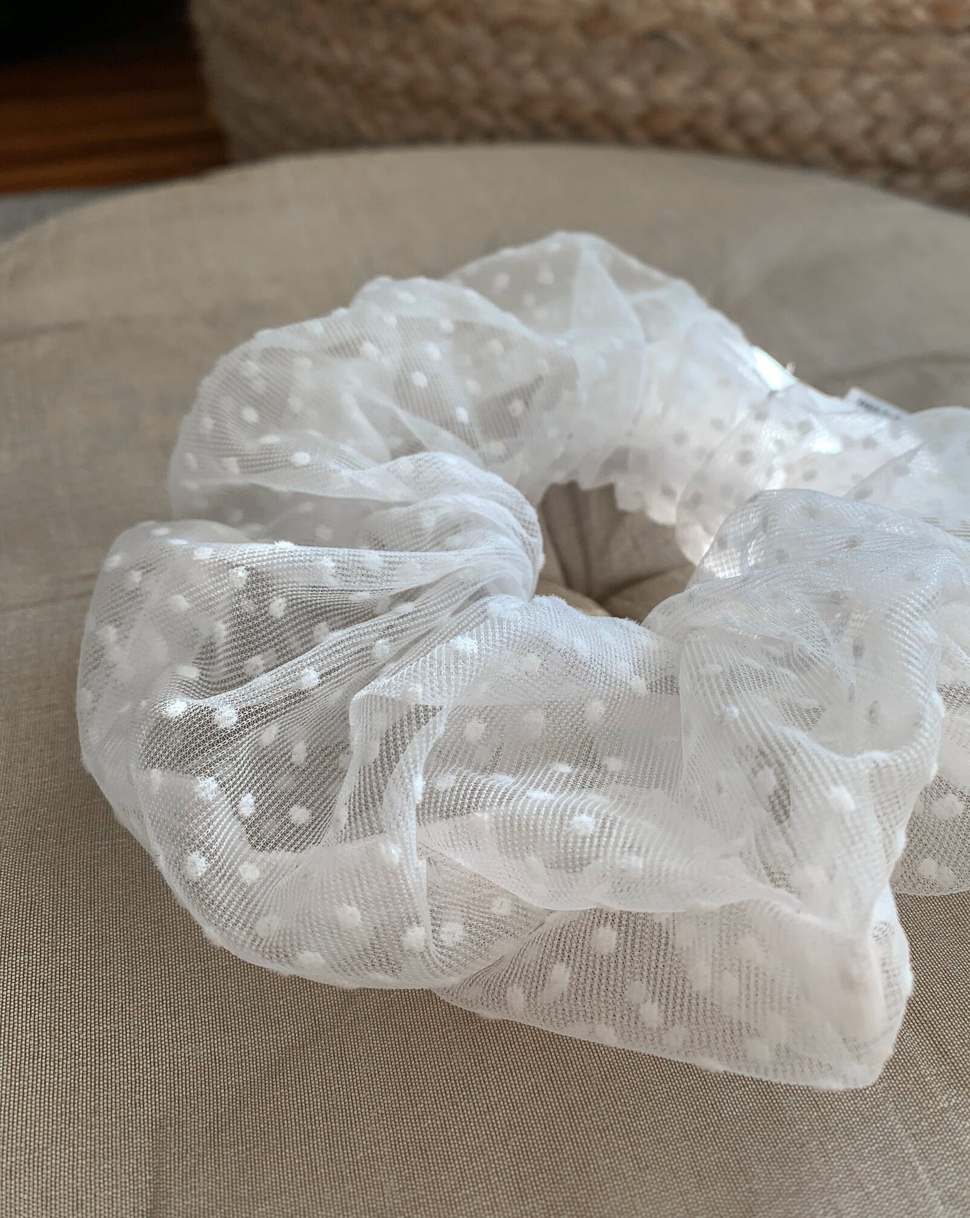 White reclaimed polka dot mesh oversized scrunchie ethically sewn in Canada.