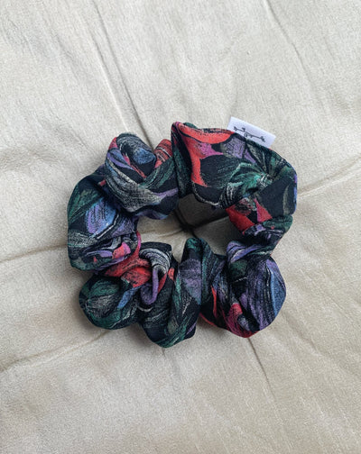 Reclaimed tropical floral classic scrunchie flat lay.