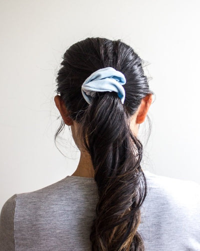 Zero waste light blue bamboo scrunchie ponytail