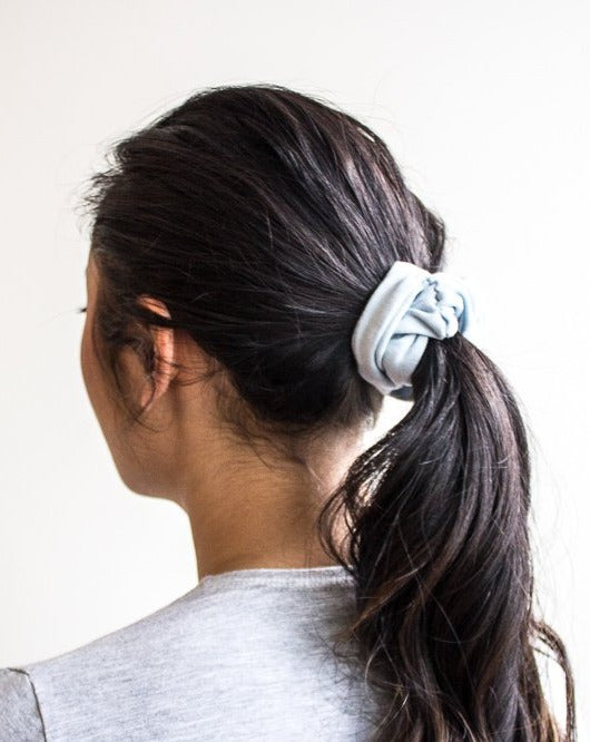 Zero waste light blue bamboo scrunchie ponytail