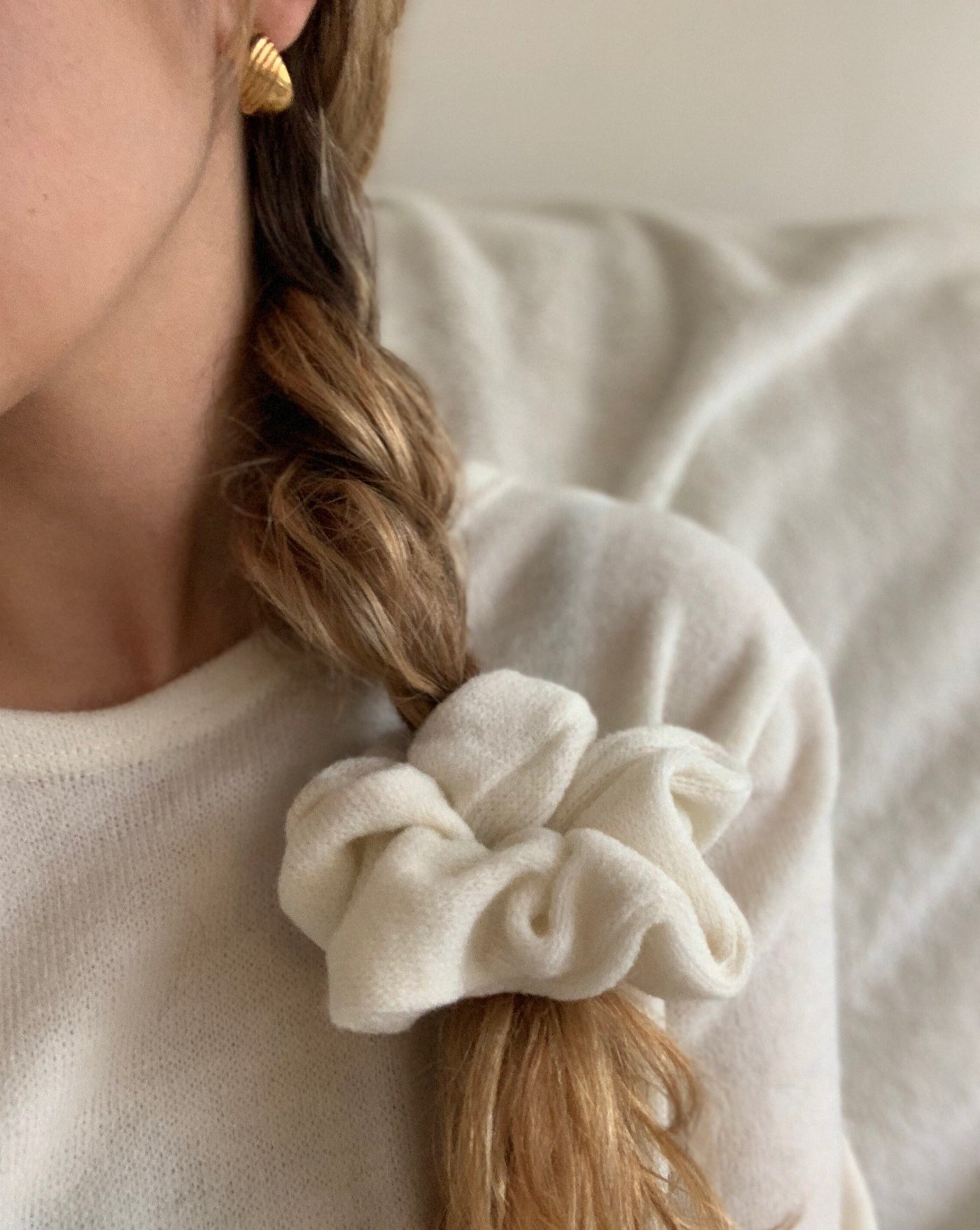Cream oversized reclaimed sweater scrunchie ethically sewn in Canada.