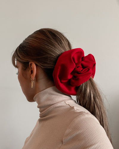 Firey red reclaimed woven oversized scrunchie ethically sewn in Canada.