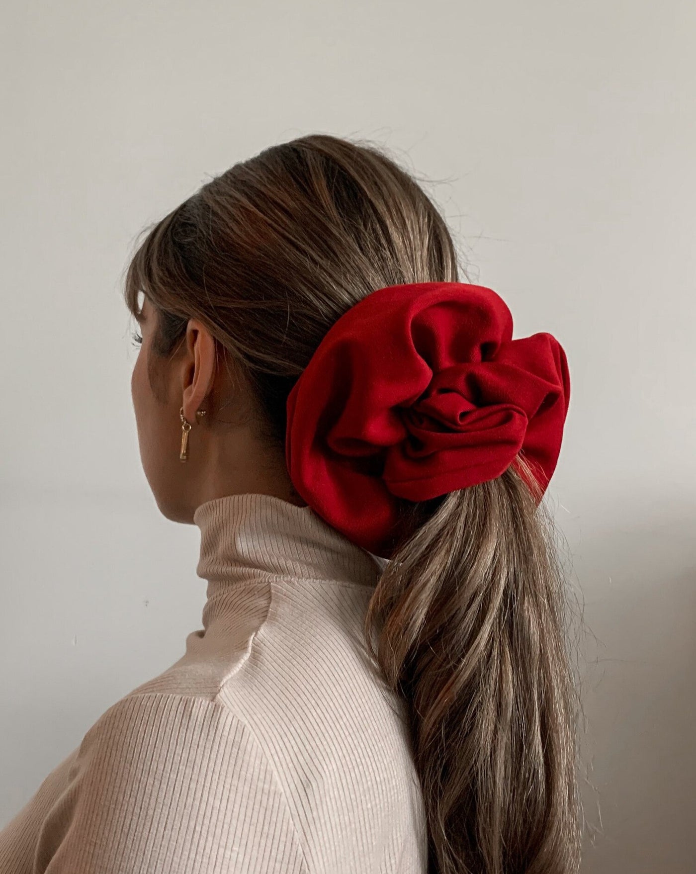 Firey red reclaimed woven oversized scrunchie ethically sewn in Canada.