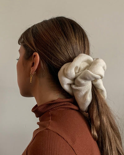 Cream oversized reclaimed sweater scrunchie ethically sewn in Canada.