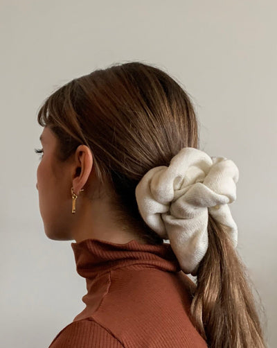 Cream oversized reclaimed sweater scrunchie ethically sewn in Canada.