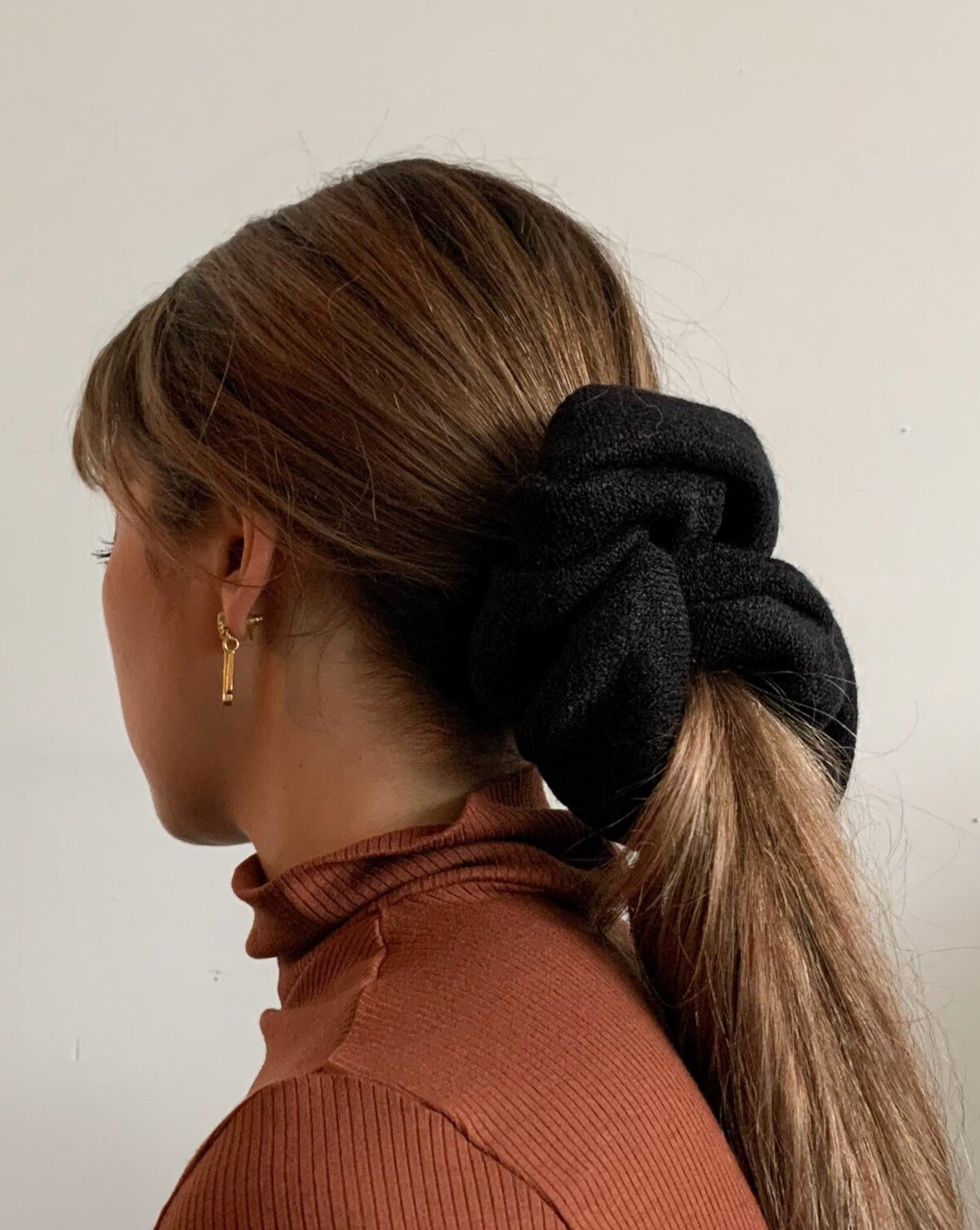 Black oversized reclaimed sweater scrunchie ethically sewn in Canada.