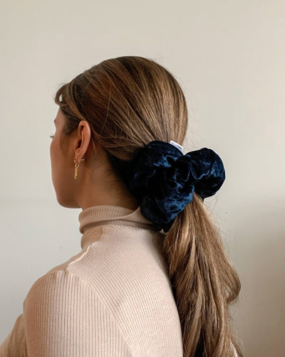Navy reclaimed velvet oversized scrunchie ethically sewn in Canada.