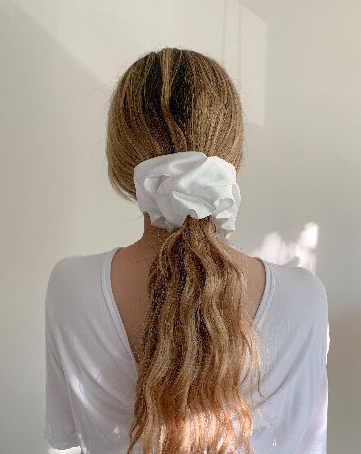 White reclaimed satin oversized scrunchie ethically sewn in Canada.