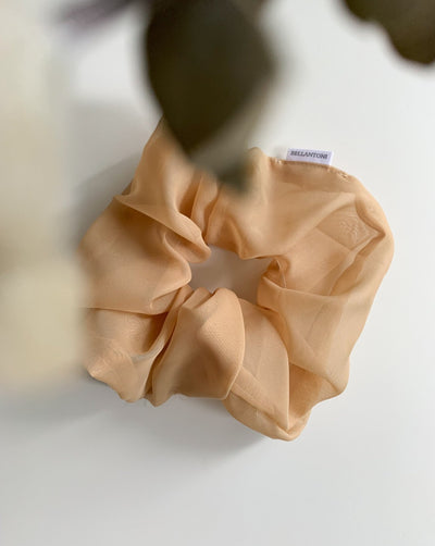 Beige reclaimed chiffon oversized scrunchie ethically sewn in Canada.