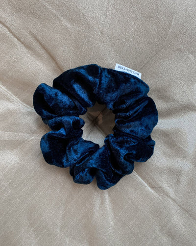 Luxurious royal blue reclaimed crushed velvet scrunchie ethically handmade in Canada