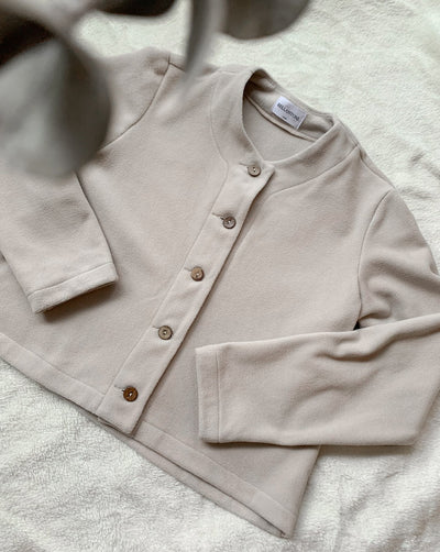 Enviro Repreve Recycled Polyester Fleece caridgan jacket made from plastic bottles featuring coconut shell buttons, ethically sewn in Canada.