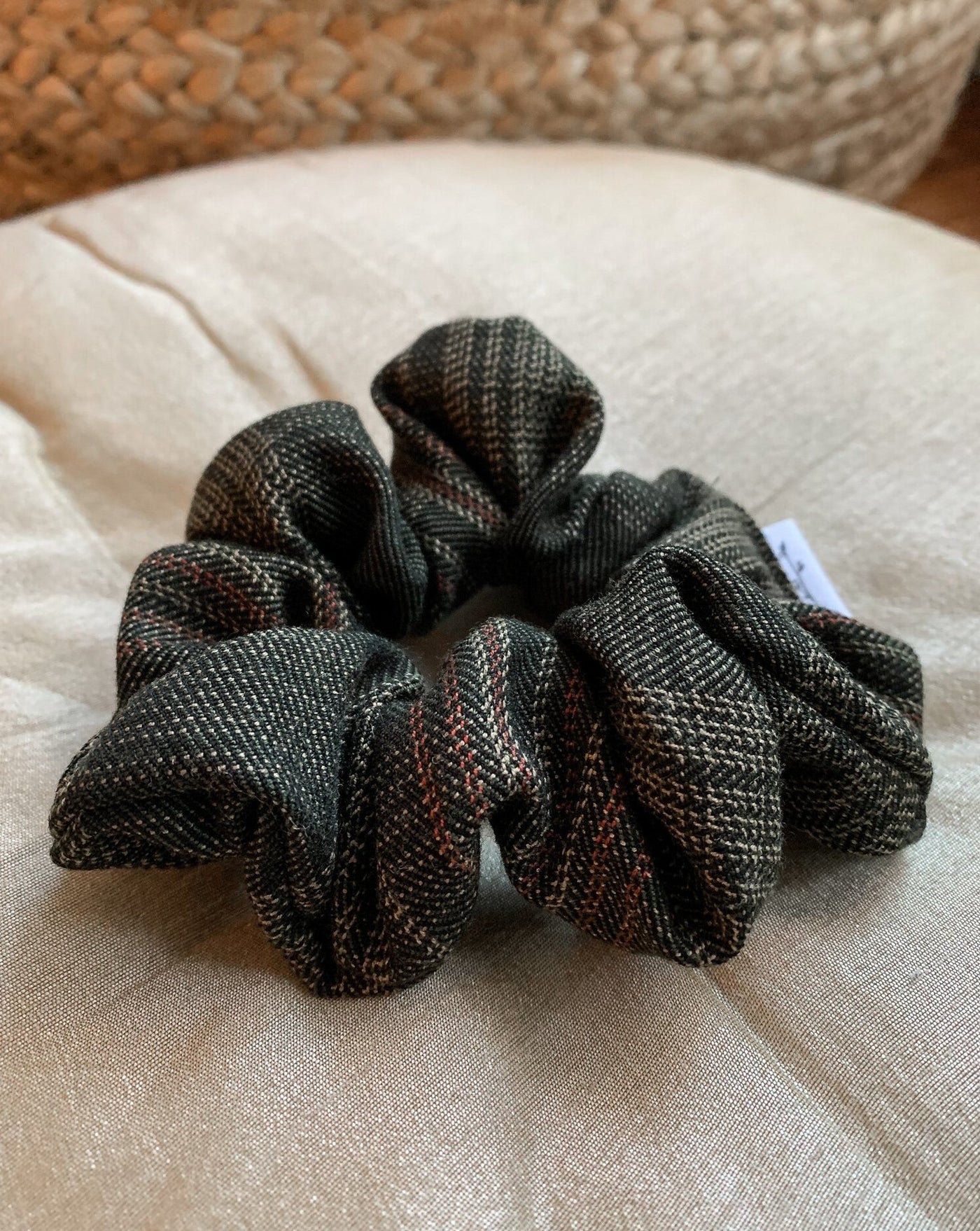 Forest green, terracotta and beige plaid reclaimed woven fabric scrunchie ethically sewn in Canada.