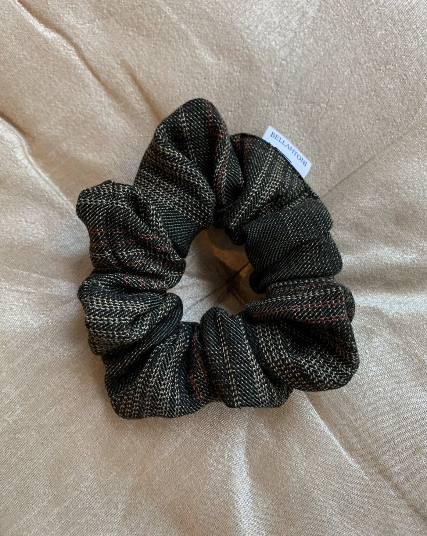 Forest green, terracotta and beige plaid reclaimed woven fabric scrunchie ethically sewn in Canada.