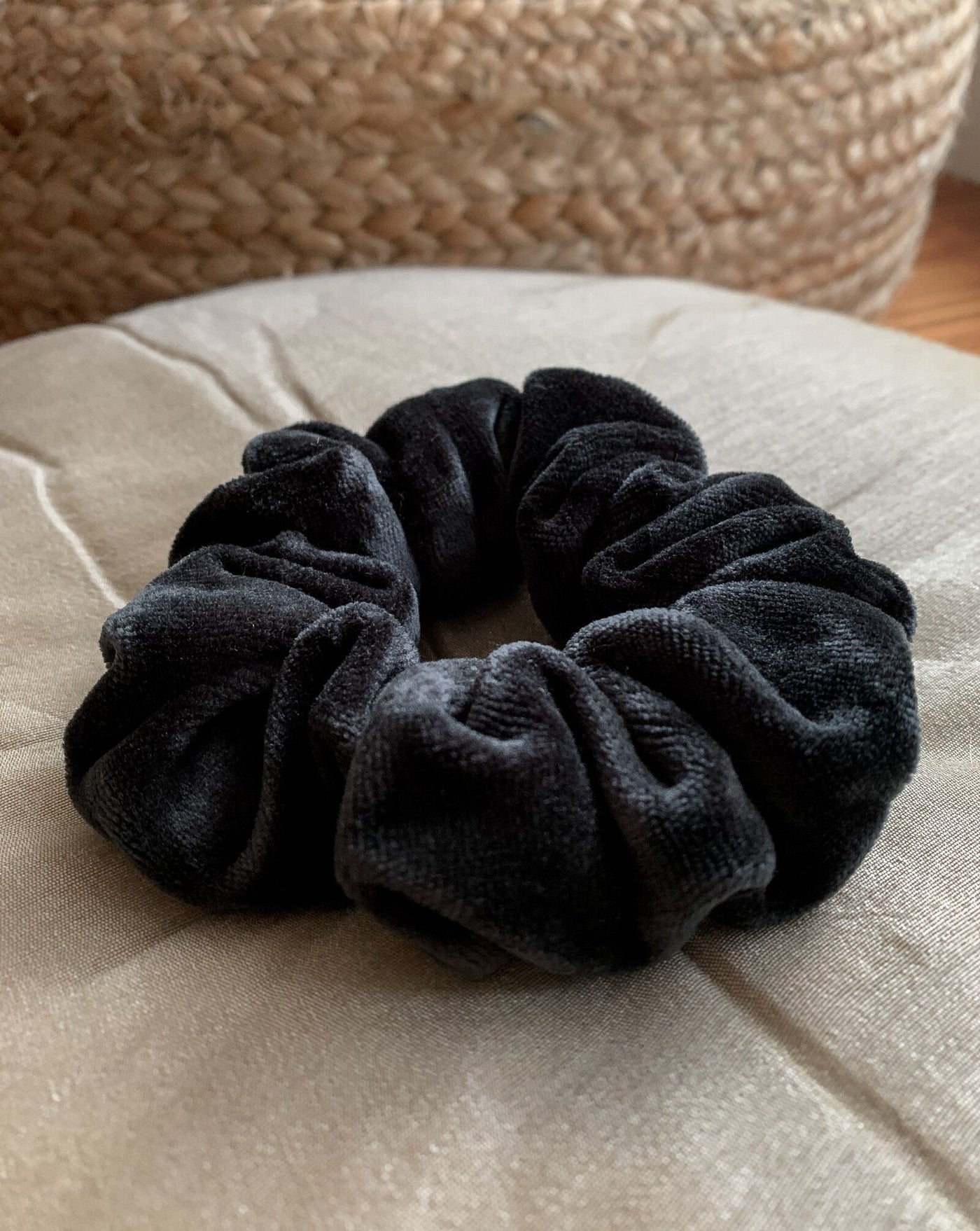 Luxurious black bamboo organic cotton velvet velour scrunchie ethically handmade in Canada.