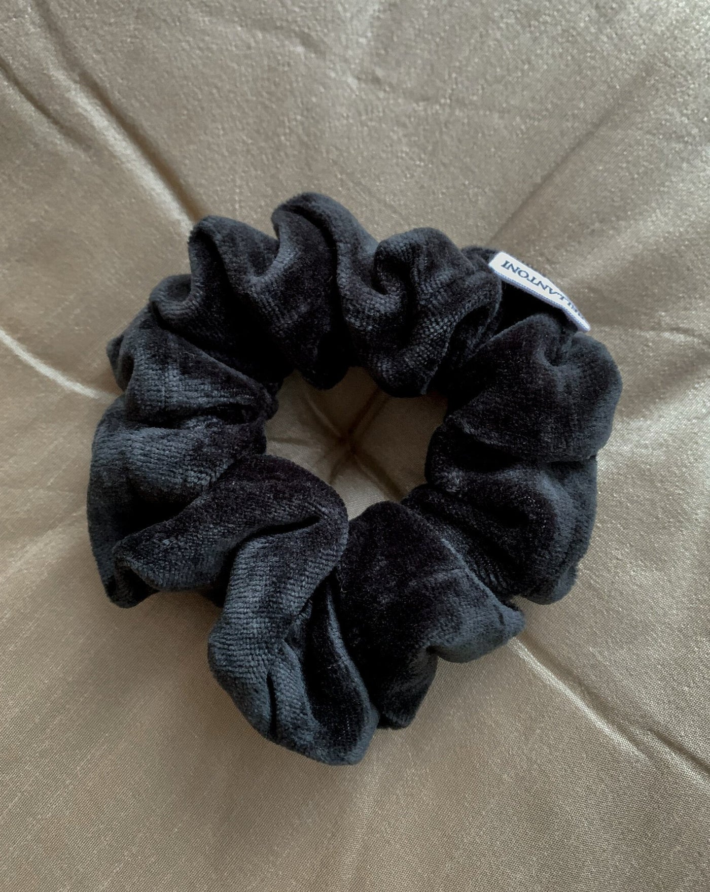 Luxurious black bamboo organic cotton velvet velour scrunchie ethically handmade in Canada.