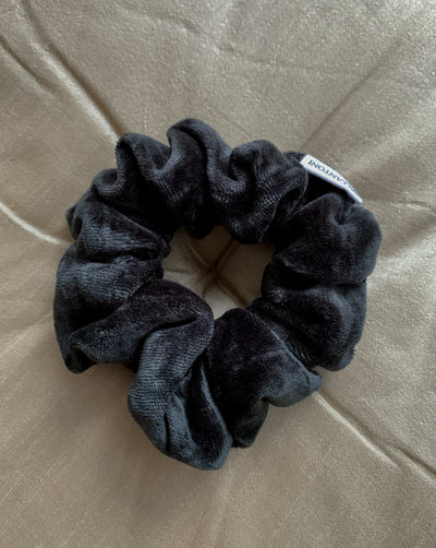 Luxurious black bamboo organic cotton velvet velour scrunchie ethically handmade in Canada.