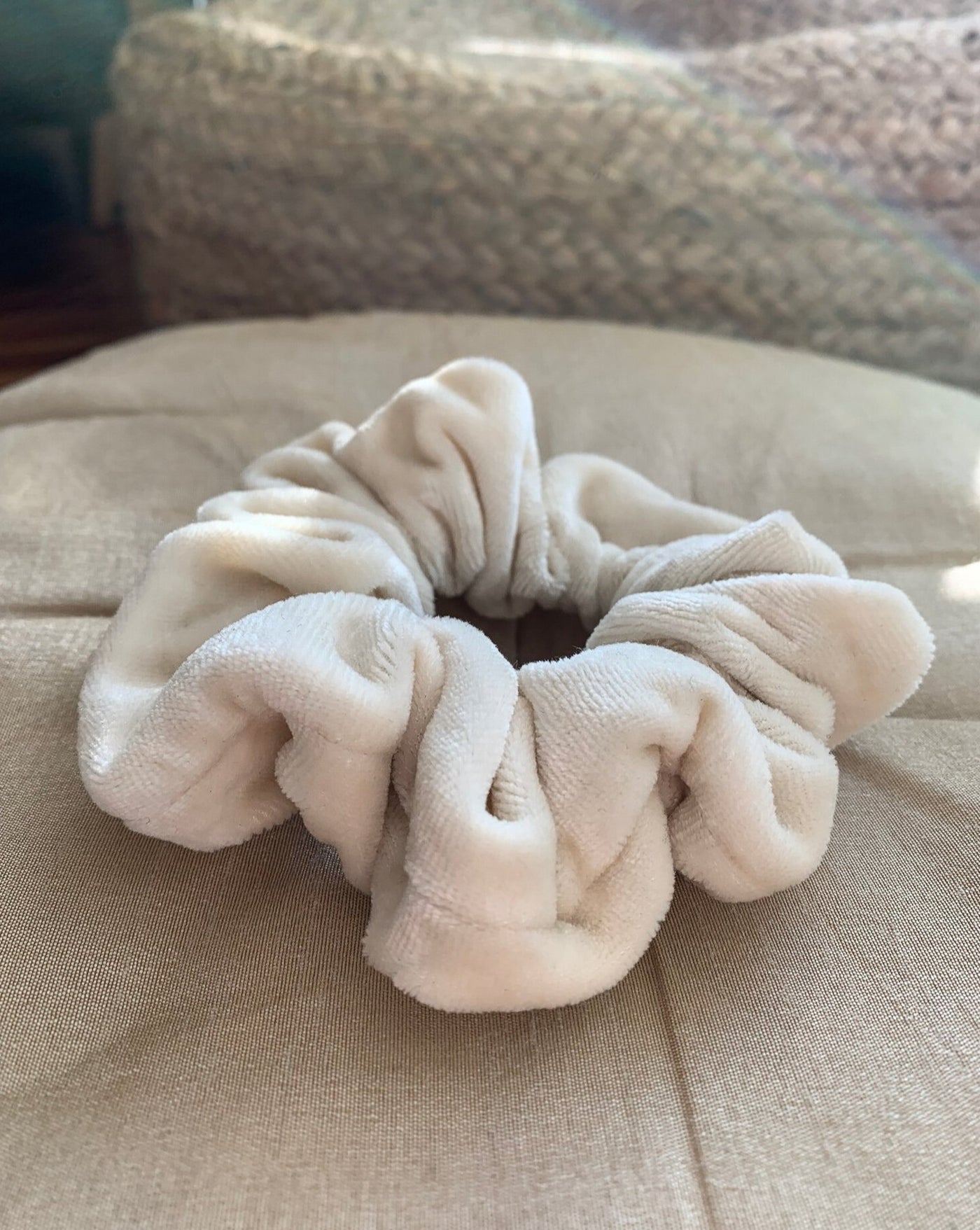 Luxurious cream bamboo organic cotton velvet velour scrunchie ethically handmade in Canada.