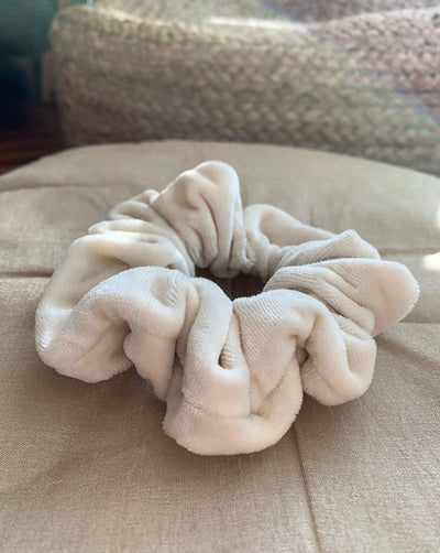 Luxurious cream bamboo organic cotton velvet velour scrunchie ethically handmade in Canada.