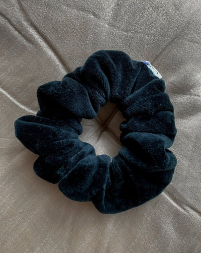 Dark forest green bamboo organic cotton velvet velour scrunchie ethically handmade in Canada.