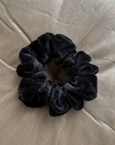 Luxurious black bamboo organic cotton velvet velour scrunchie ethically handmade in Canada.