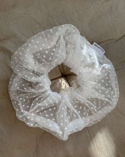 White reclaimed polka dot mesh oversized scrunchie ethically sewn in Canada.