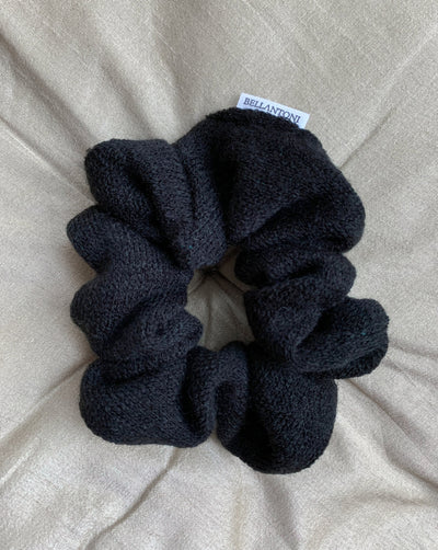 Black reclaimed sweater scrunchie ethically sewn in Canada.