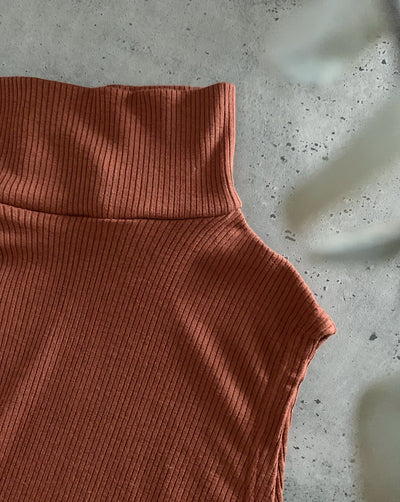 Sustainable Tencel modal ribbed sleeveless pecan-coloured turtleneck worn with black trousers.