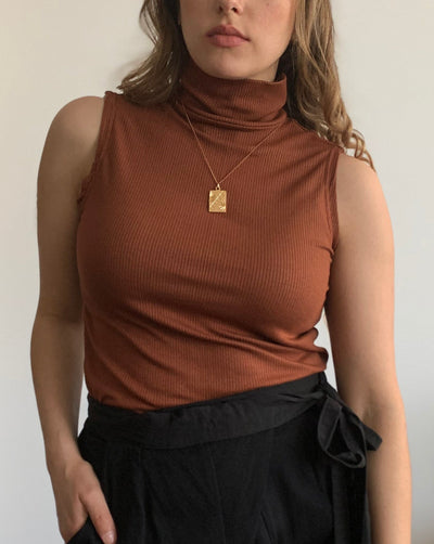 Sustainable Tencel modal ribbed sleeveless pecan-coloured turtleneck worn with black trousers.
