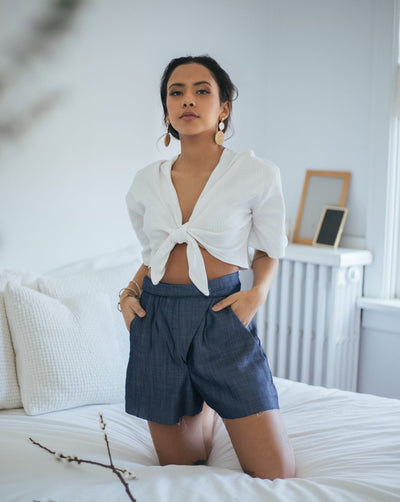 Sustainable reversible Tie Top made from tencel ribbed fabric.