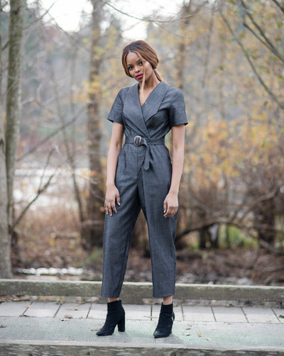 Black Tencel denim pantsuit with coconut shell buckle belt.