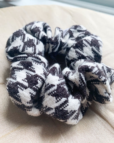 Reclaimed houndstooth scrunchie handmade in Vancouver, Canada.
