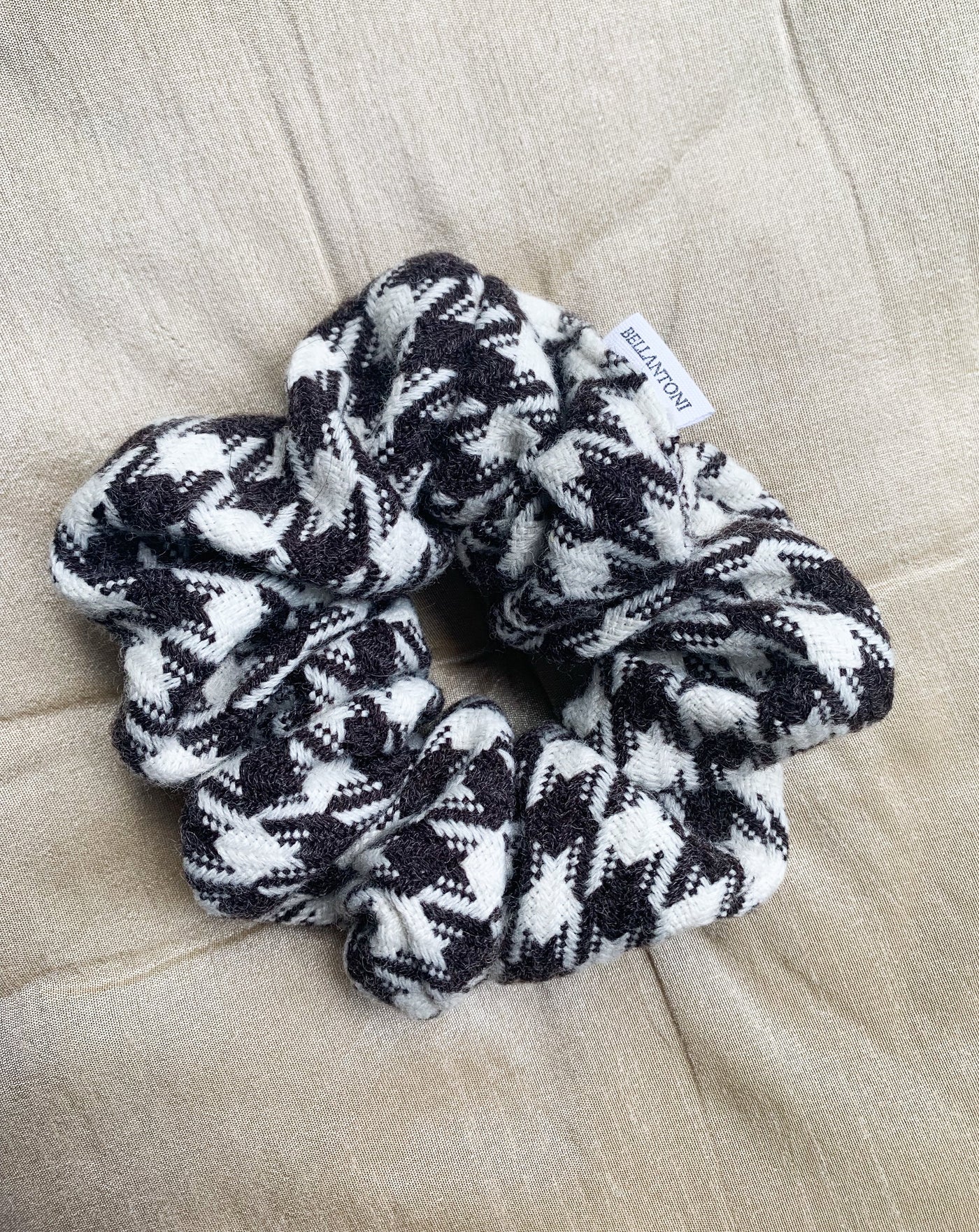 Reclaimed houndstooth scrunchie handmade in Vancouver, Canada.