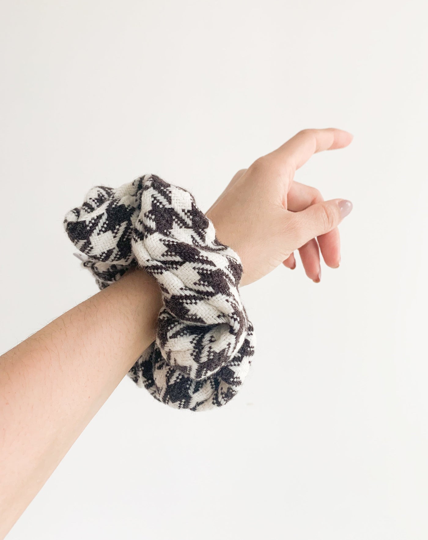 Reclaimed houndstooth scrunchie handmade in Vancouver, Canada.