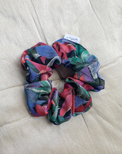 Reclaimed tropical floral classic scrunchie flat lay.